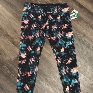 Tuff Athletics Black Leggings with Teal & Coral Brushstroke Print